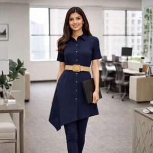 Navy Blue Shirt-Style Asymmetrical Kurta