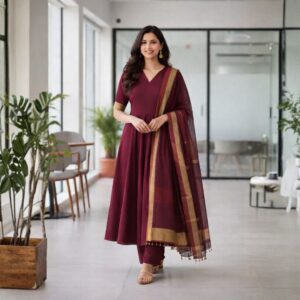 Maroon Cotton Anarkali Set
