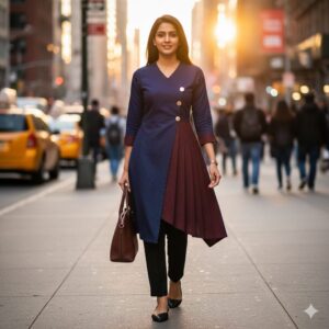 SKAIVOR: Navy & Wine Asymmetrical Pleated Kurta