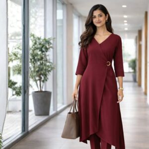 Maroon Cotton Wrap Maxi Kurta