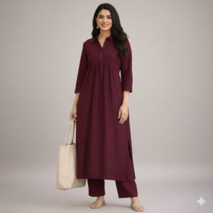 Wine Cotton Gathered Kurta Set