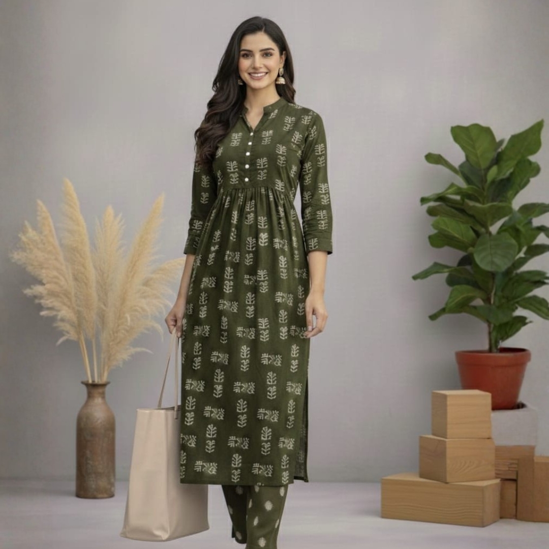 Aarika – Olive Green Printed Kurta Set