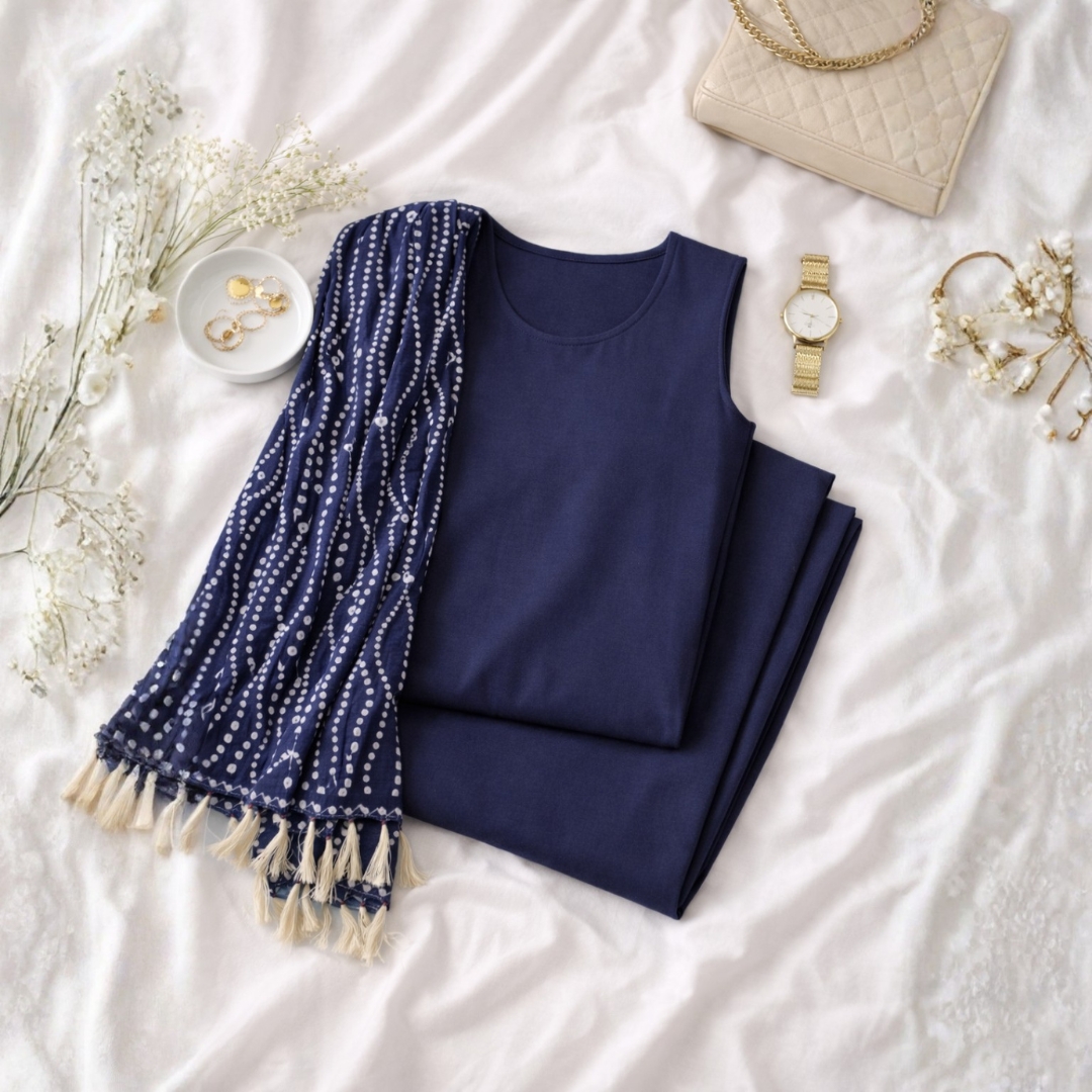Navy Blue Sleeveless Kurta Pant Set with Dupatta
