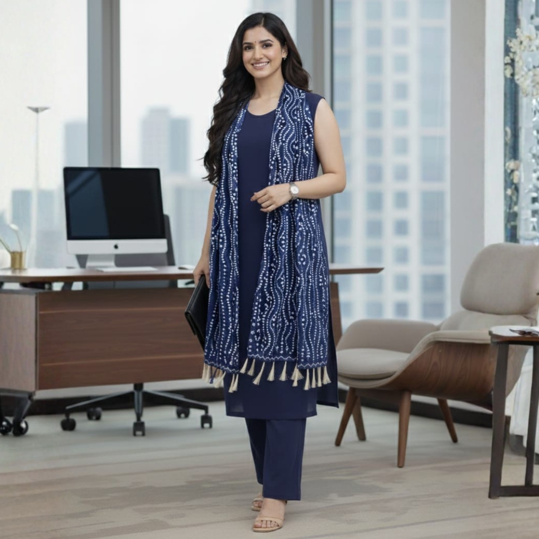 Navy Blue Sleeveless Kurta Pant Set with Dupatta